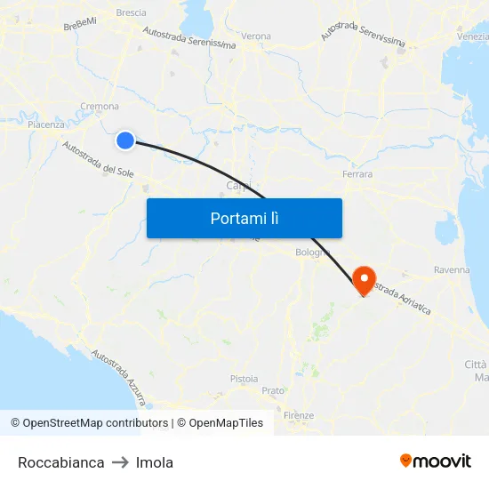Roccabianca to Imola map