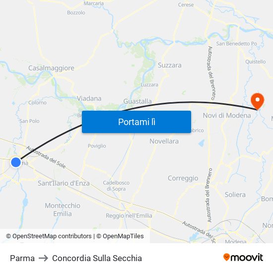 Parma to Concordia Sulla Secchia map