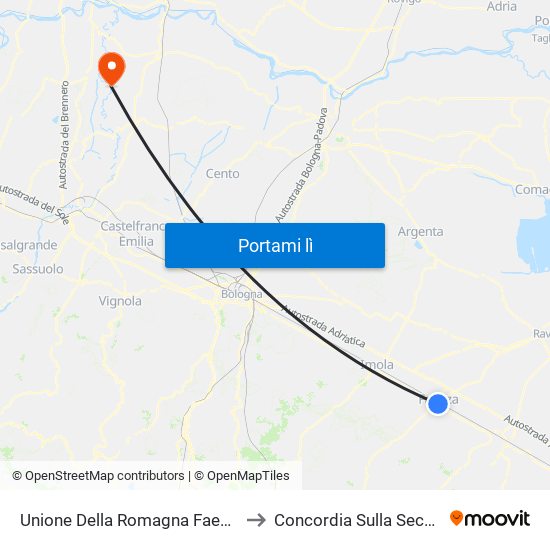 Unione Della Romagna Faentina to Concordia Sulla Secchia map