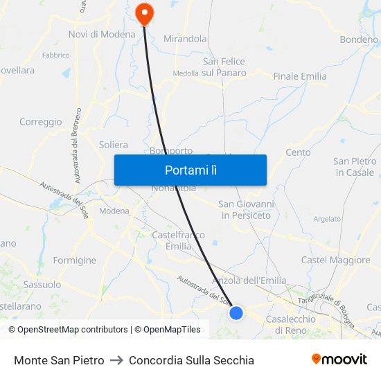 Monte San Pietro to Concordia Sulla Secchia map