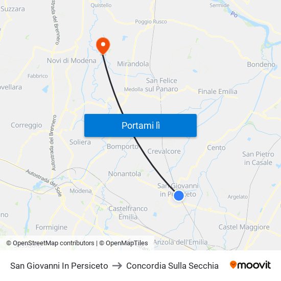 San Giovanni In Persiceto to Concordia Sulla Secchia map