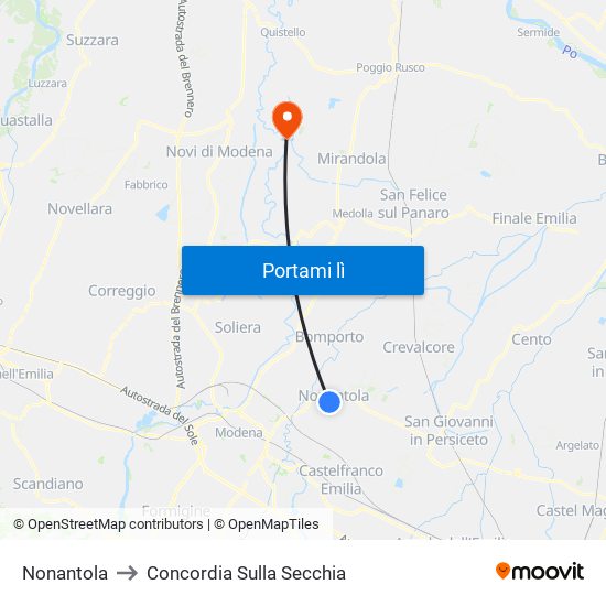 Nonantola to Concordia Sulla Secchia map