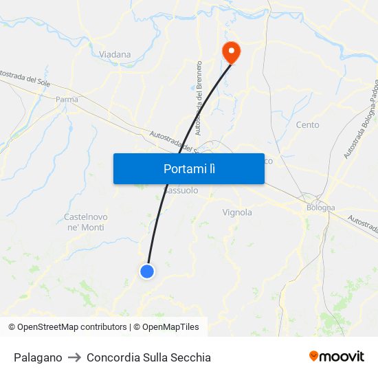 Palagano to Concordia Sulla Secchia map