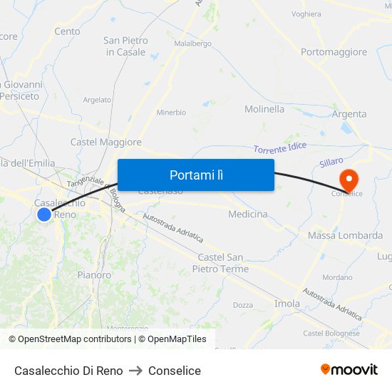 Casalecchio Di Reno to Conselice map