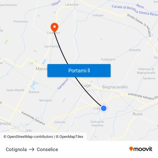 Cotignola to Conselice map