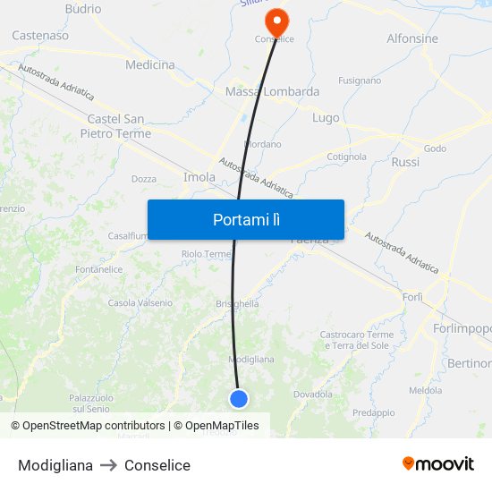 Modigliana to Conselice map