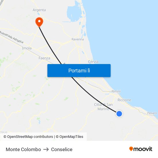 Monte Colombo to Conselice map