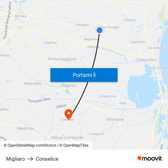Migliaro to Conselice map