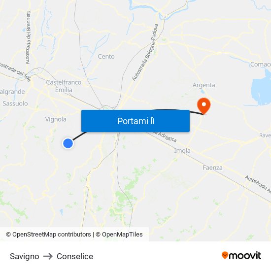 Savigno to Conselice map
