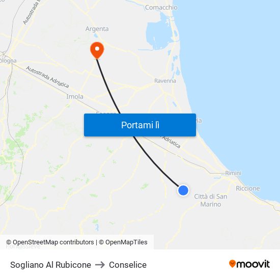 Sogliano Al Rubicone to Conselice map