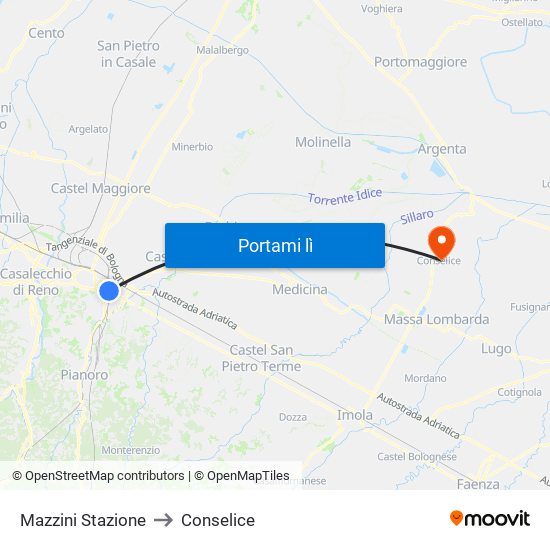 Mazzini Stazione to Conselice map