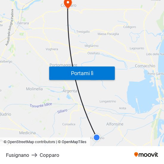 Fusignano to Copparo map
