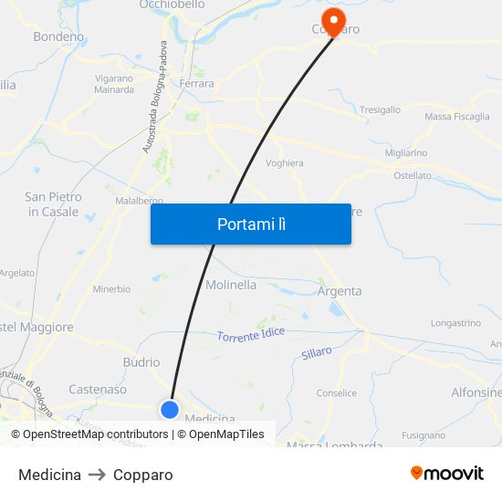 Medicina to Copparo map