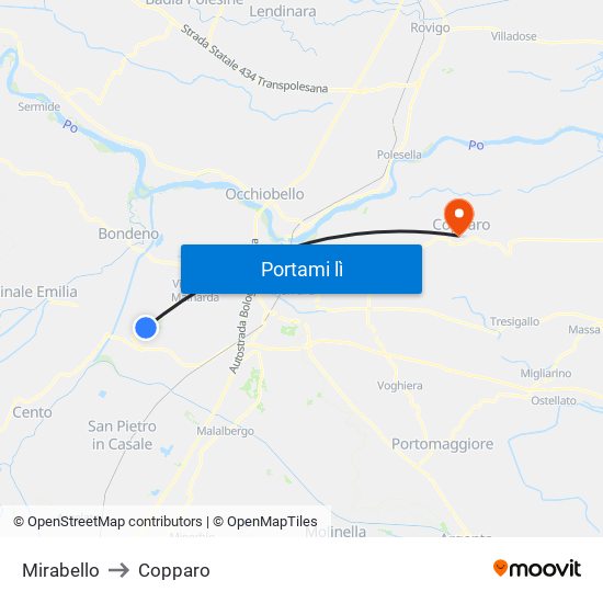Mirabello to Copparo map