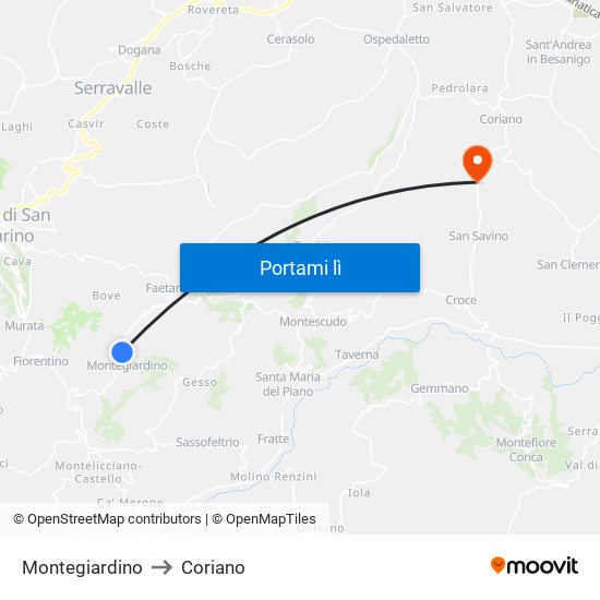 Montegiardino to Coriano map