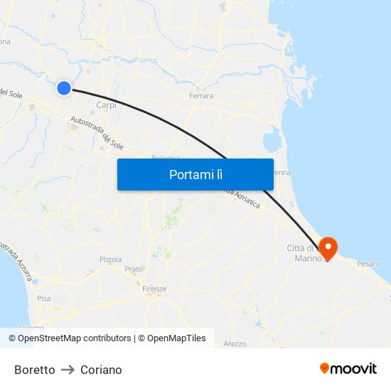 Boretto to Coriano map