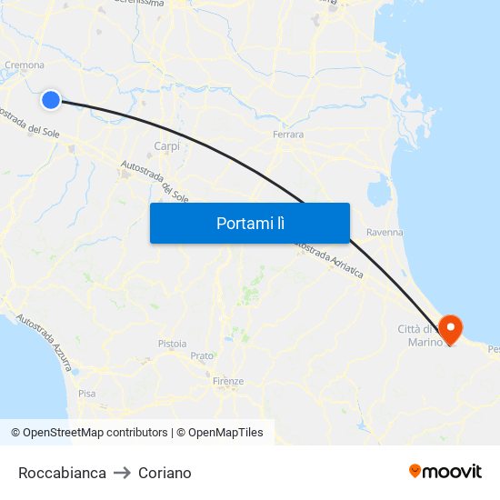 Roccabianca to Coriano map