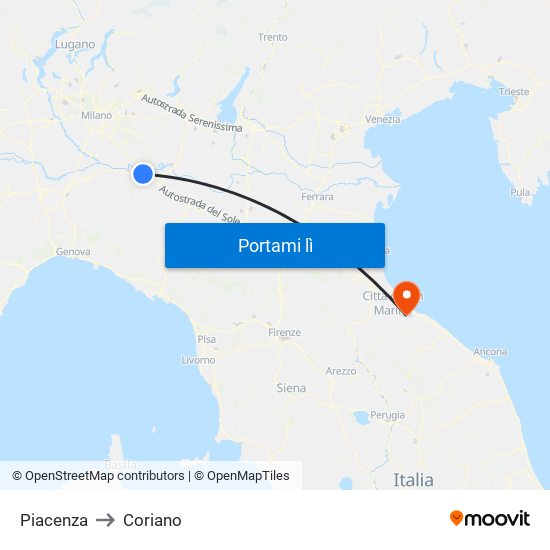 Piacenza to Coriano map