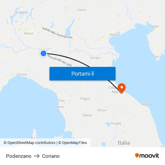Podenzano to Coriano map