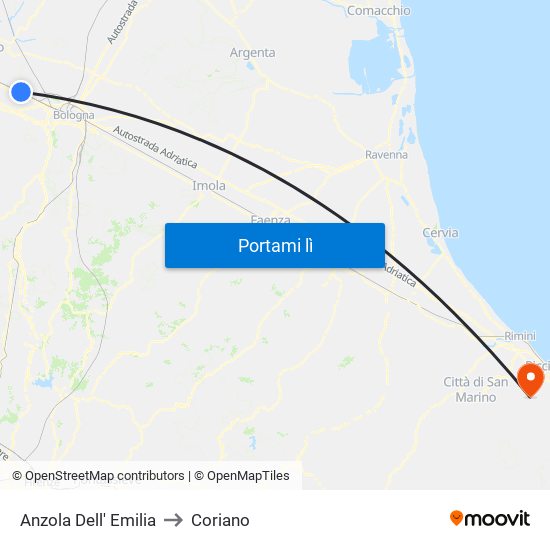 Anzola Dell' Emilia to Coriano map
