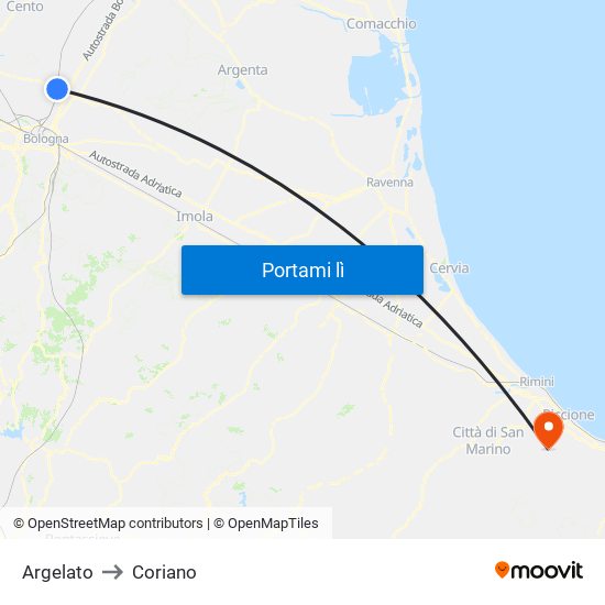 Argelato to Coriano map