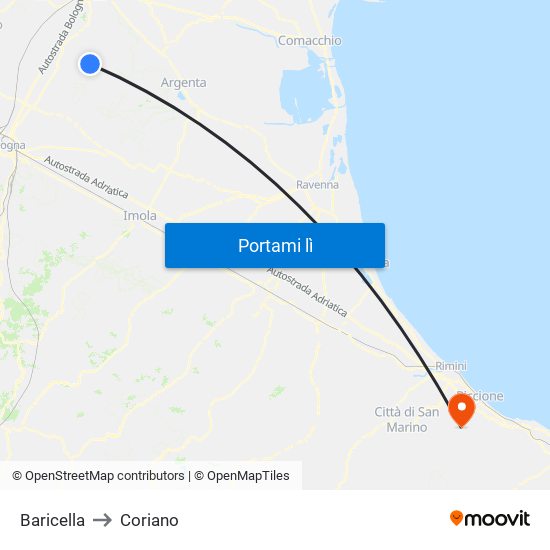Baricella to Coriano map