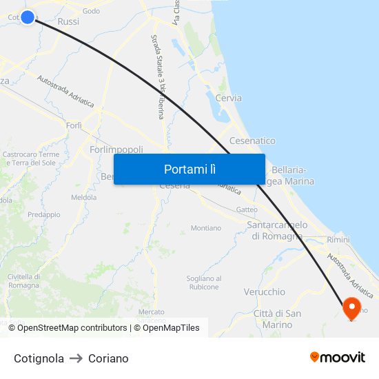 Cotignola to Coriano map