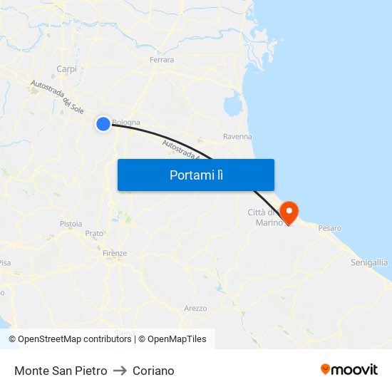 Monte San Pietro to Coriano map