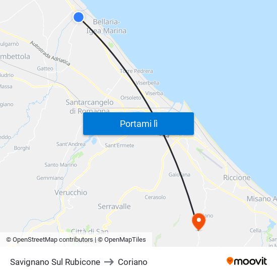 Savignano Sul Rubicone to Coriano map