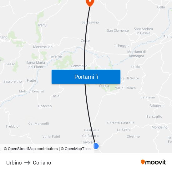 Urbino to Coriano map