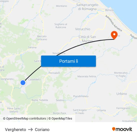 Verghereto to Coriano map