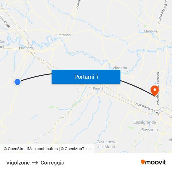 Vigolzone to Correggio map