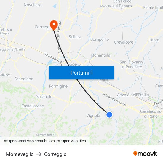 Monteveglio to Correggio map