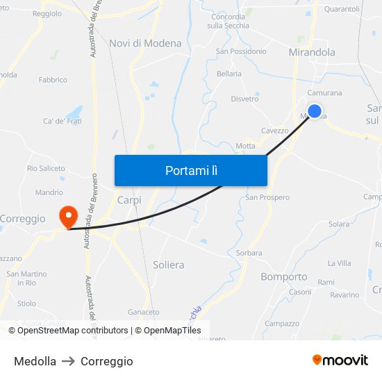 Medolla to Correggio map