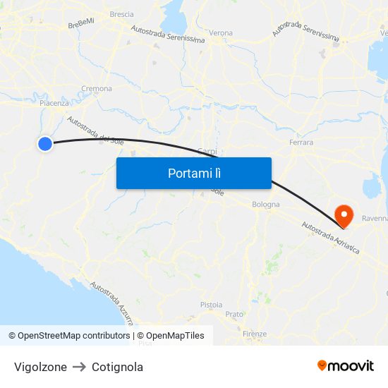 Vigolzone to Cotignola map