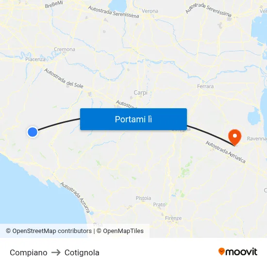 Compiano to Cotignola map