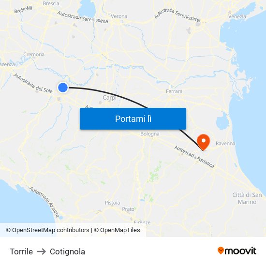 Torrile to Cotignola map