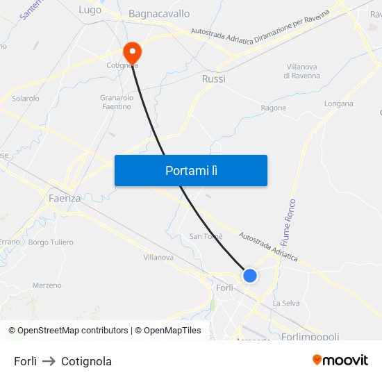 Forlì to Cotignola map