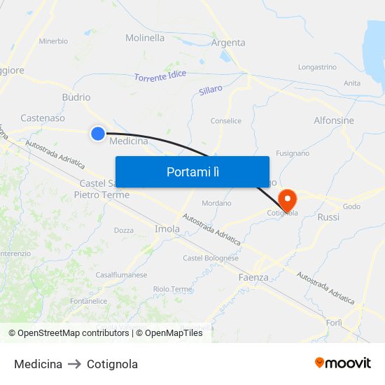 Medicina to Cotignola map