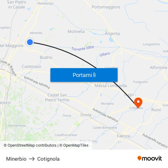 Minerbio to Cotignola map