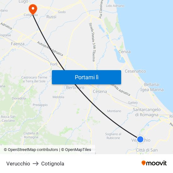 Verucchio to Cotignola map