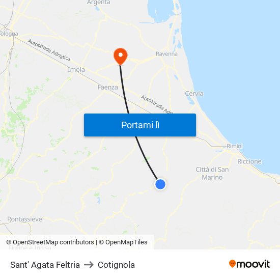 Sant' Agata Feltria to Cotignola map