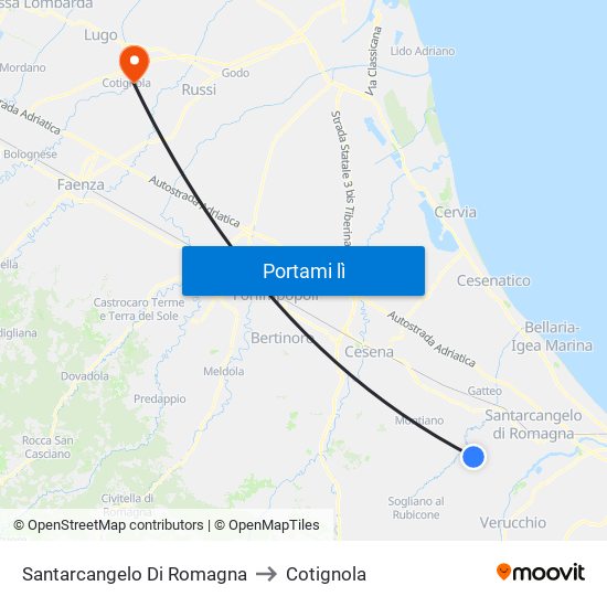 Santarcangelo Di Romagna to Cotignola map