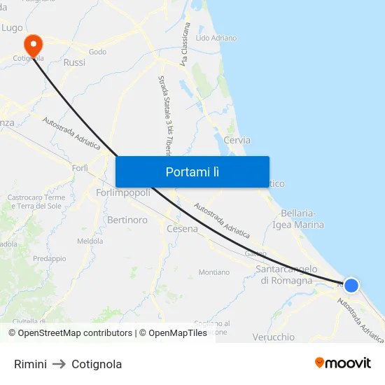 Rimini to Cotignola map