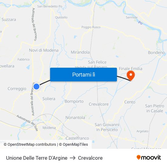 Unione Delle Terre D'Argine to Crevalcore map