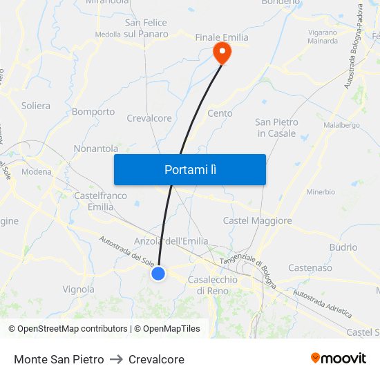 Monte San Pietro to Crevalcore map