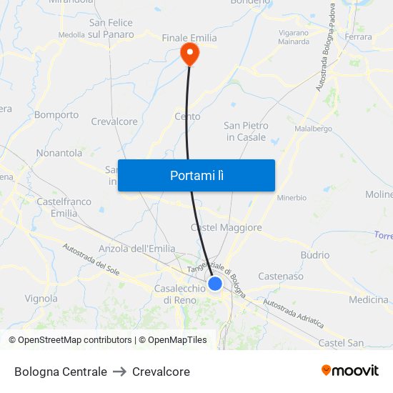 Bologna Centrale to Crevalcore map