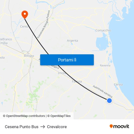 Cesena Punto Bus to Crevalcore map