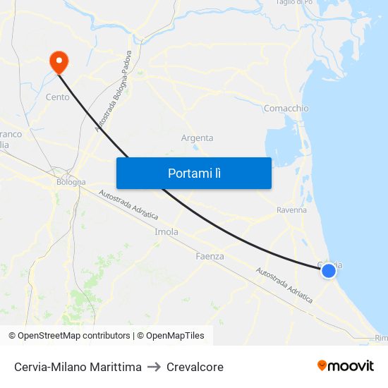 Cervia-Milano Marittima to Crevalcore map