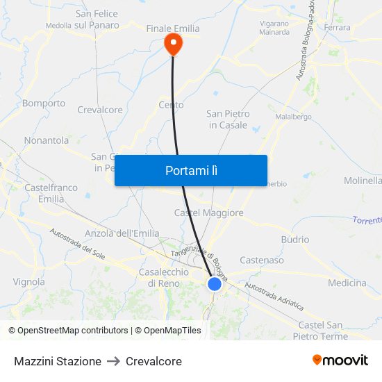 Mazzini Stazione to Crevalcore map